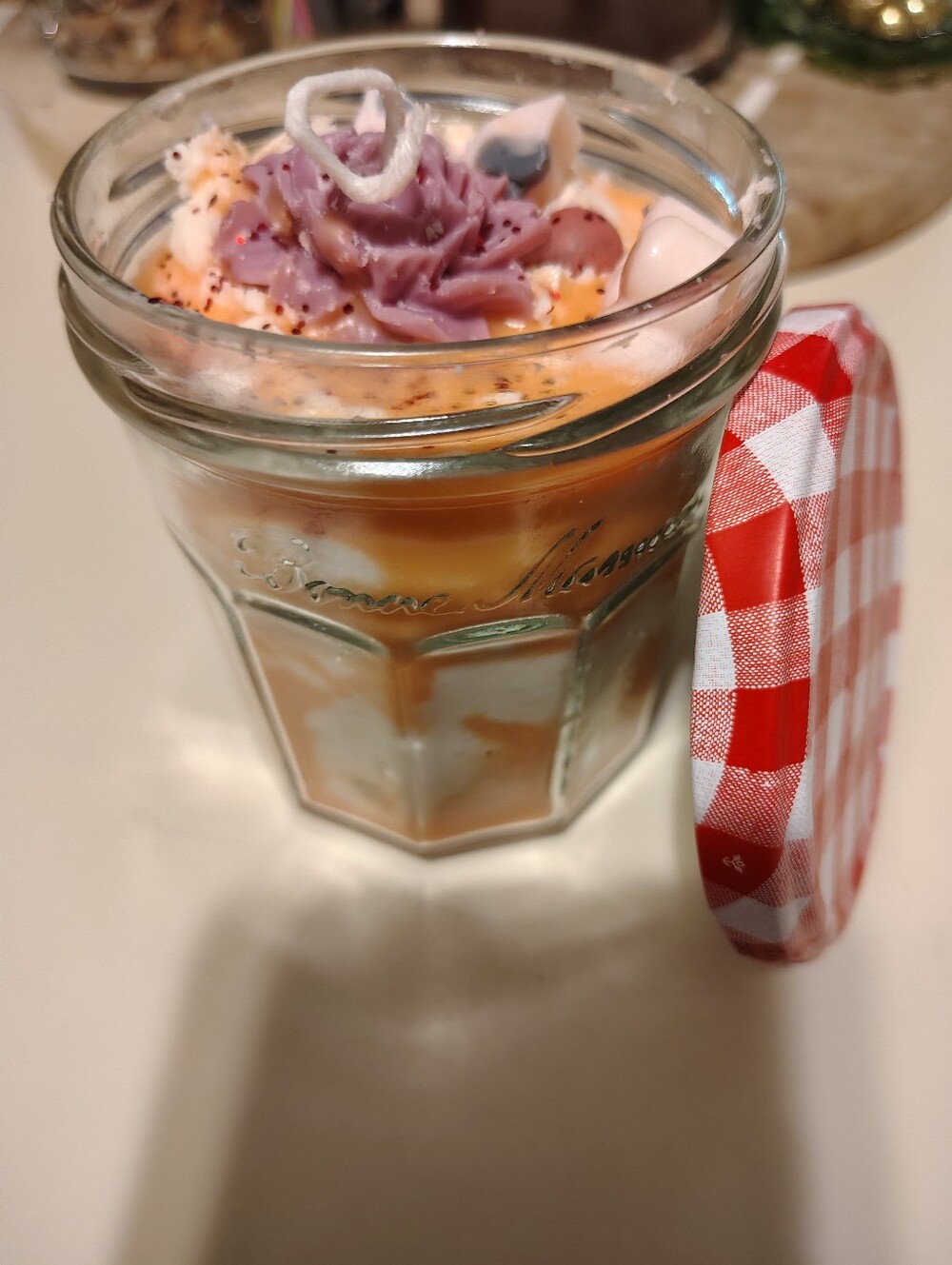 Decorative Glass Jar Strawberry Soy Candle with Purple Floral Top